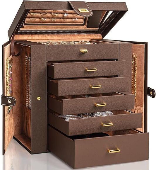 AKOZLIN Extra Large 6-Tier Jewelry Box Organizer with Mirror, 5 Drawers Leather Jewelry Storage Case for Women Girls Ring ...