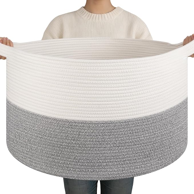 OIAHOMY 90L XXXLarge Blanket Basket for Living Room, 21.7" x 13.8" Woven Cotton Rope Laundry Basket for Organizing Pillow...