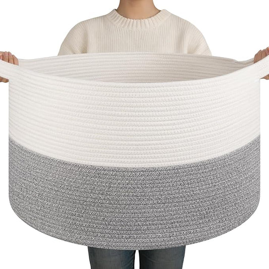 OIAHOMY 90L XXXLarge Blanket Basket for Living Room, 21.7" x 13.8" Woven Cotton Rope Laundry Basket for Organizing Pillow...