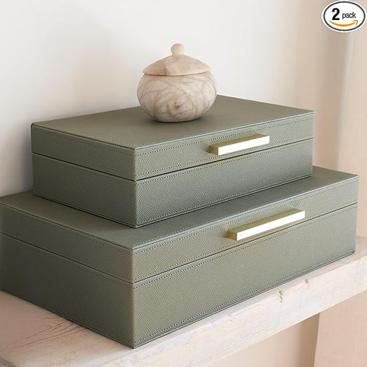 ZICOTO Decorative Storage Boxes with Lids – Set of 2 Beautiful PU Leather Organizer Bins for Your Bookshelf Home Decor - S...