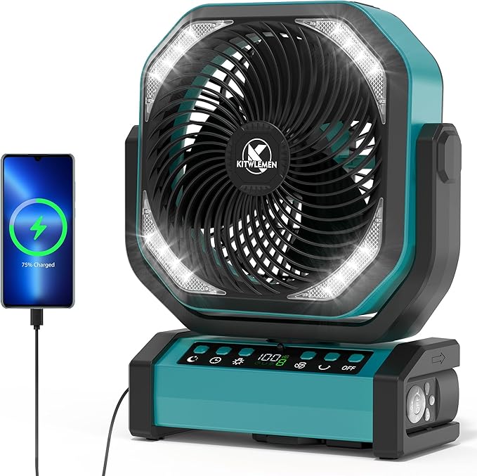 Camping Fan with Light - 20000mAh Rechargeable Battery Fan, 112Hrs Max Run Time, 8 Speeds, Digital Display, Timer, Auto Os...