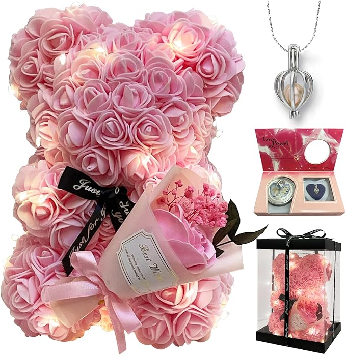Romantic Valentine's Day Gift For Her Artificial Flower Rose Teddy Bear With Preserved Flowers Bouquet And Blind Box Pearl...
