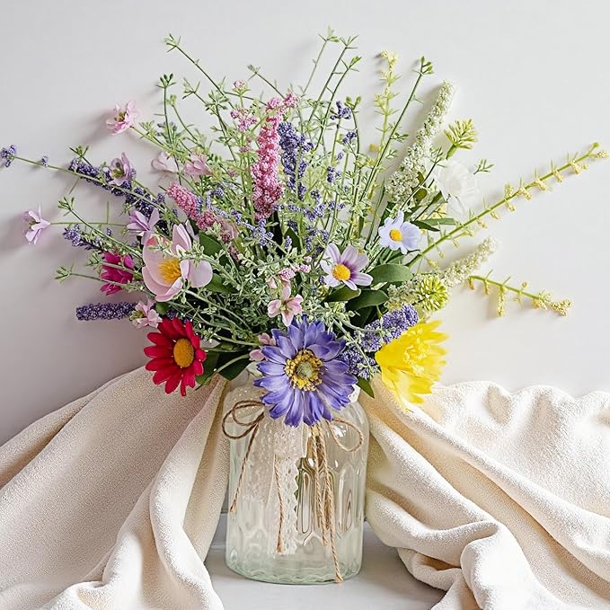 LUEUR Artificial Daisy Flowers Fake Silk Spring Colorful Flowers Fake Wildflowers Greenery Shrubs Plastic Plants Arrangeme...