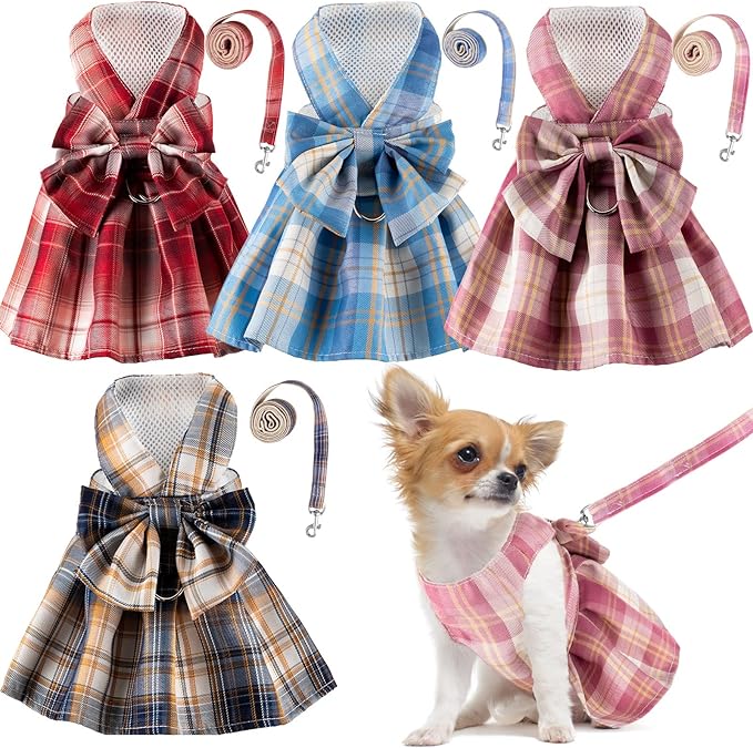 Potchen 4 Pcs Cute Plaid Dog Dress Set with Bow Tie Harness & Leash for Small Dogs, Puppy Clothes for Girls Outfits(S,Dark...
