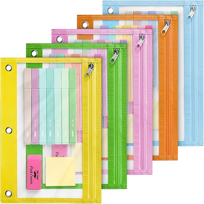 Mr. Pen Pencil Pouch Set, 5 Pack, Clear Zipper Pencil Pouches for 3 Ring Binder, Multicolor
