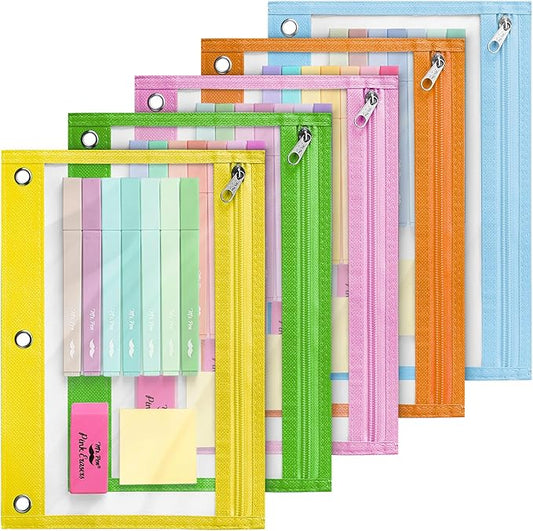 Mr. Pen Pencil Pouch Set, 5 Pack, Clear Zipper Pencil Pouches for 3 Ring Binder, Multicolor