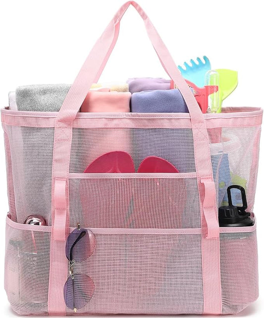 Fammart Mesh Beach Bag with Zipper, Large Beach Tote for Women, Toys Pool Swim Bag Travel Vacation Cruise Essentials