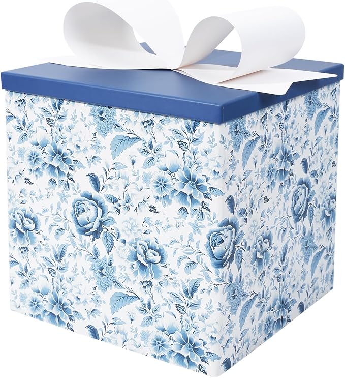 BIOBROWN Medium Gift Boxes with Lids for Presents, 9x9x9 Inches Chinoiserie Blue White Peony Floral Design Collapsible Gif...