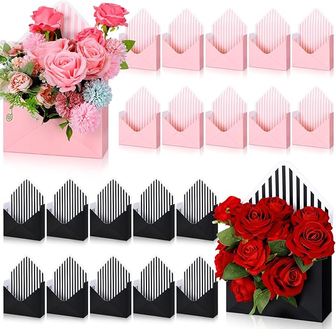 Outus 20 Pcs Mother's Day Floral Envelope Boxes Empty Paper Flower Bouquet Envelop Paper Boxes Pink Black Stripe Florist F...