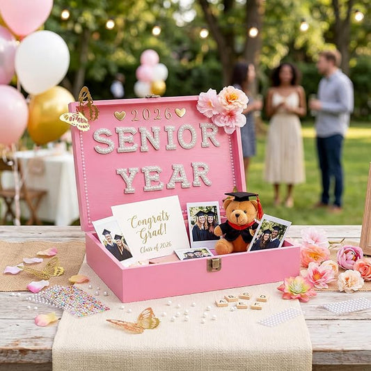 Yousoontic 50 Pcs DIY 2026 Senior Year Graduation Keepsake Box Decoration Kit, Memory Wooden Box Faux Flower 3D Butterfly ...
