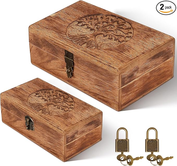 Vicenpal 2 Wooden Tree Keepsake Boxes with Lock, (8x5x3.2 inch & 7x3.7x2.8 inch), Handmade Decorative Treasure Chest Box, ...
