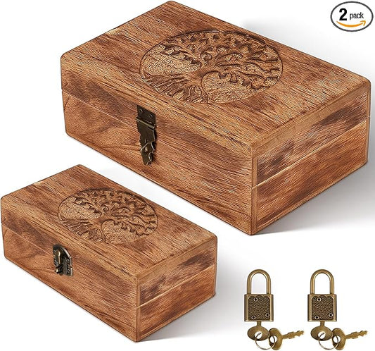 Vicenpal 2 Wooden Tree Keepsake Boxes with Lock, (8x5x3.2 inch & 7x3.7x2.8 inch), Handmade Decorative Treasure Chest Box, ...
