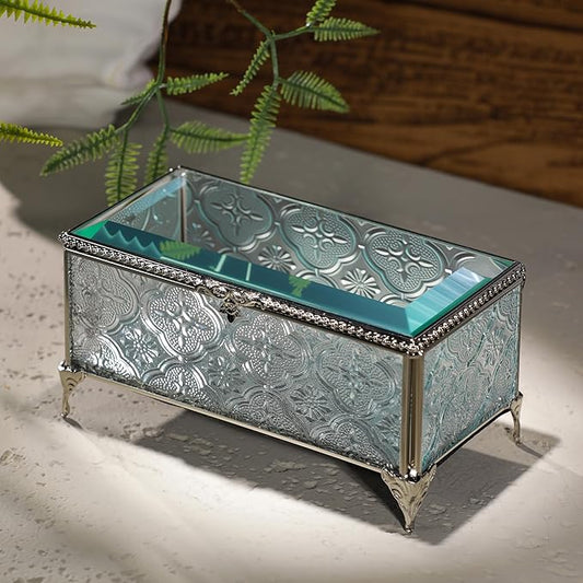 DHCGPP Glass Vintage Jewelry Box Keepsake storage Trinket Ring Display Box Home Decor Embossed Clear Glass Box Organizer(...