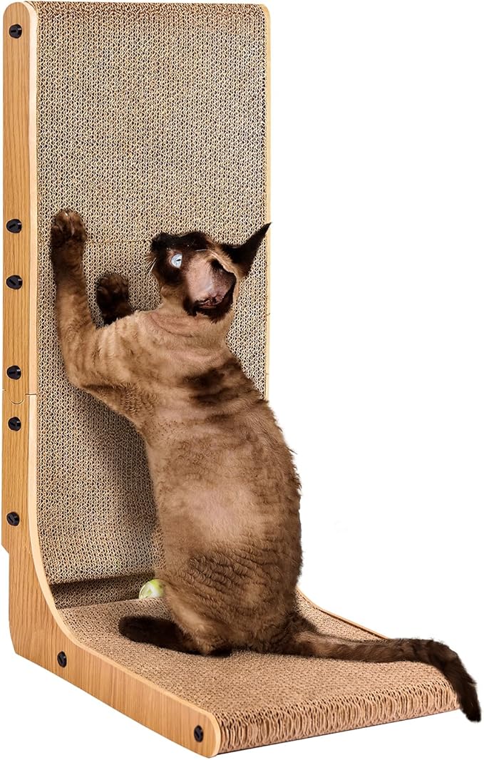 EHEYCIGA Cardboard Cat Scratcher for Indoor Cats, 26.8 Inch L Shaped Vertical Cat Scratching Board with Ball Cat Toy, Larg...