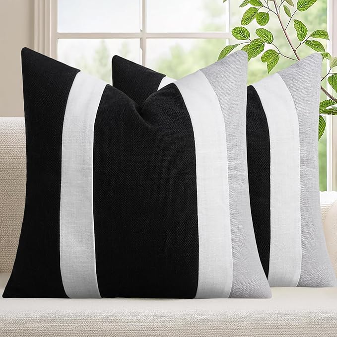 Adabana Modern Pillow Covers 18x18 Set of 2 Farmhouse Decor Patchwork Linen Cushion Covers for Living Room Couch Bed Black...