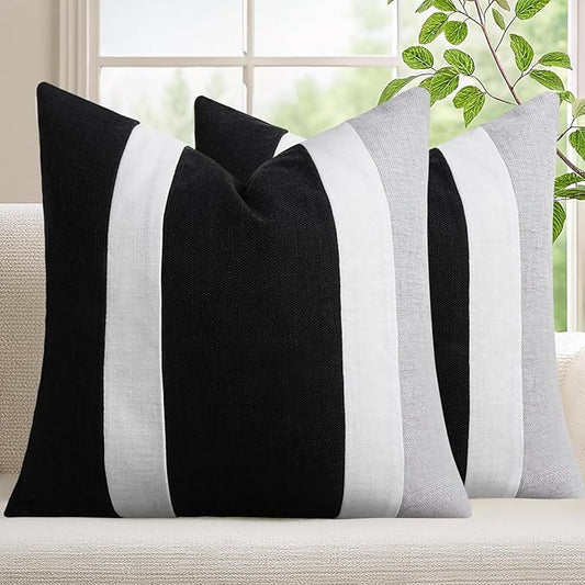 Adabana Modern Pillow Covers 18x18 Set of 2 Farmhouse Decor Patchwork Linen Cushion Covers for Living Room Couch Bed Black...