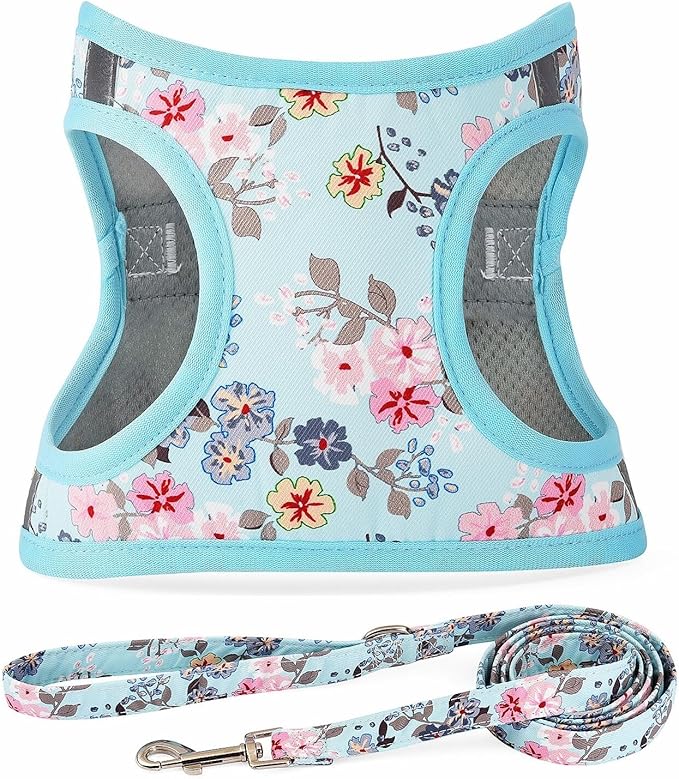 Moonpet Step in Dog Harness Leash Set- All Weather Reflective No-Pull Floral Pattern Padded Mesh Vest Harness for Cats Pup...