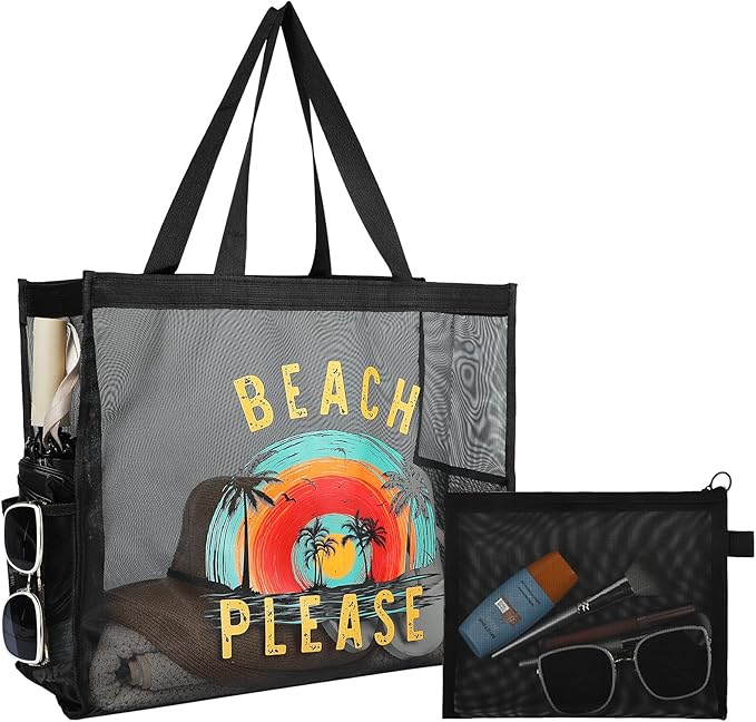 KUIRAN 30L Large Beach Bag with Pouch Foldable Sandproof Lightweight Mesh Tote Bag with Two Pockets for Swimming Travel
