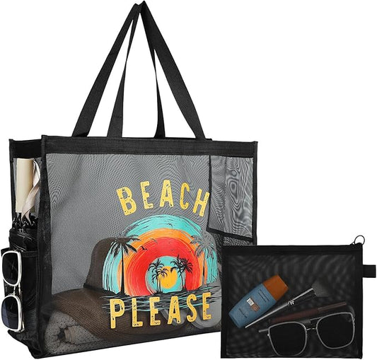 KUIRAN 30L Large Beach Bag with Pouch Foldable Sandproof Lightweight Mesh Tote Bag with Two Pockets for Swimming Travel