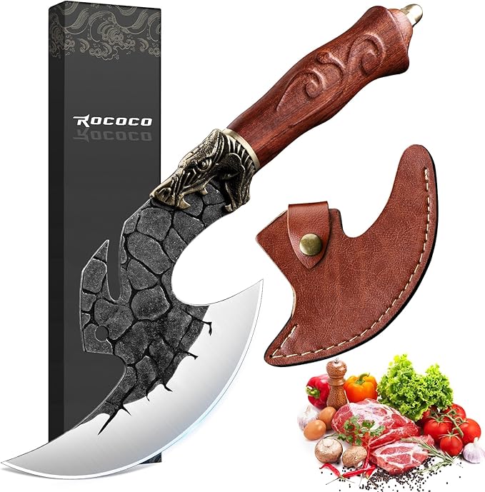 ROCOCO Viking Cleaver Knife Birthday - Butcher Meat Cutting Boning Knife Hand Forged Chinese Kitchen Axe with Sheath Home ...