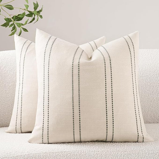 HOMFINER Decorative Throw Pillow Covers 20x20 Inch Set of 2 Linen Striped Accent Neutral Beige Farmhouse Boho Square Cushi...