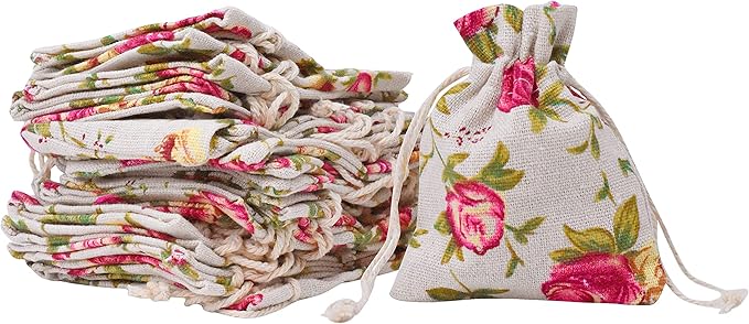 Mandala Crafts 3X4 Inch Mini Rose Burlap Drawstring Gift Bags for Favors - 50 Tiny Floral Linen Sacks Gift Pouches for Can...