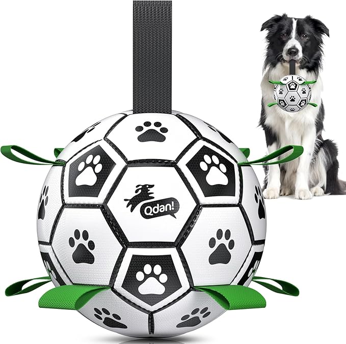 QDAN Dog Toys Dog Balls, World Cup Dog Soccer Ball with Straps, Dog Birthday, Herding Ball, Durable Balls for Small Medium...