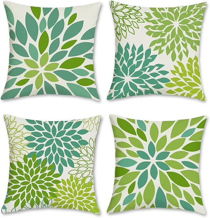 Bonhause Lime Green Pillow Covers 18 x 18 Inch Set of 4 Outdoor Geometric Dahlia Pinnata Floral Decorative Throw Pillow Ca...