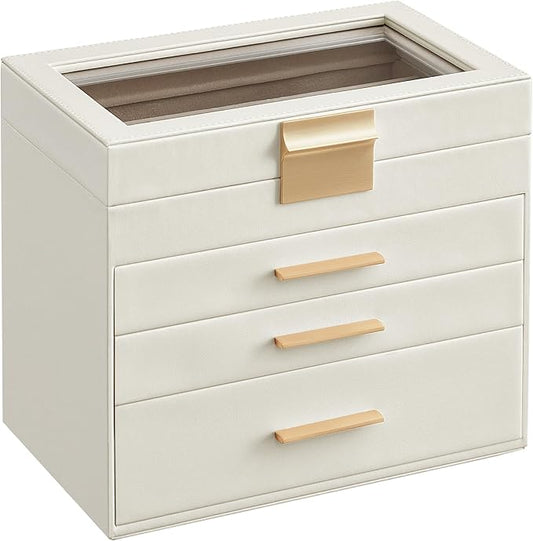 SONGMICS GISELLA Collection - Jewelry Box Organizer, 4-Layer Jewelry Storage with 3 Drawers, Shiny Metal Hardware, Glass L...