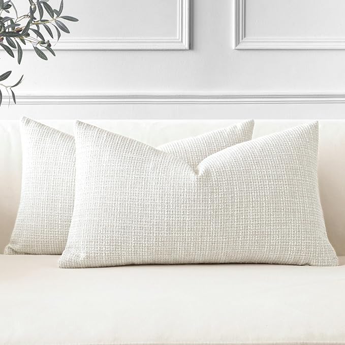 OTOSTAR Pack of 2 Throw Pillow Covers 12x20 Inch Linen Beige Pillowcases Farmhouse Decorative Solid Pillow Covers 30x50 cm...