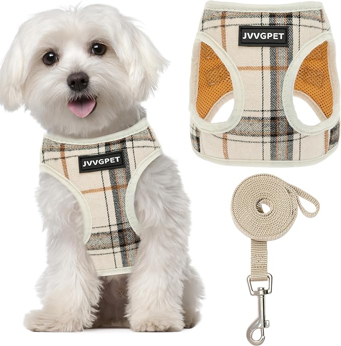 JVVGPET Dog Harness for Small Dogs - Plaid No Pull Dog Vest Harness and Leash Set - Step in Reflective Adjustable Soft Mes...