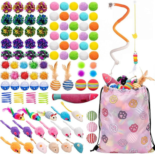 Leitee 100 Pcs Cat Toys Assortment with 1 Gift Storage Bag, Interactive Cat Play Set for Indoor Kitten, Colorful Springs, ...