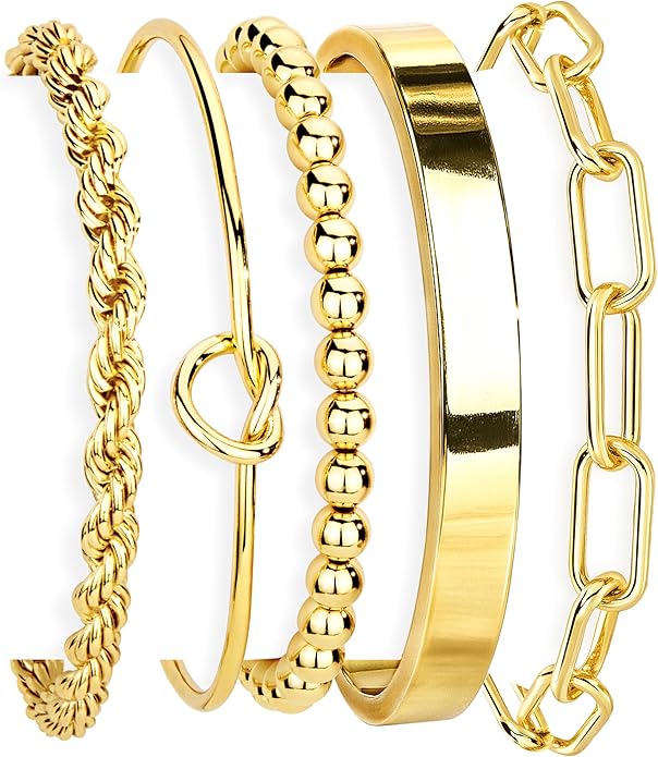 Gokeey Gold Bracelets Set for Women Non Tarnish, Waterproof 14K Gold Plated Sterling Silver Chunky Cuff Bracelet Stackable...