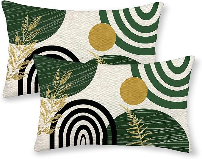 Boho Pillow Covers 12x20 Set Of Mid Century Green And Gold Leaf Art Line Throw Pillow Covers Outdoor Abstract Modern Bohem...