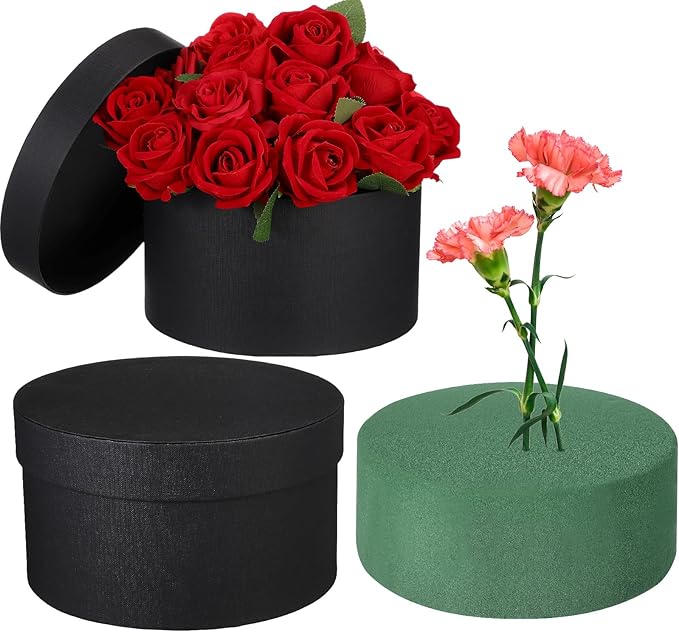 Nuenen Round Gift Box with Lid & Floral Foam Set, Black, 2 pcs, Gift Boxes for Flowers for Mother's Day Bridesmaid Wedding...