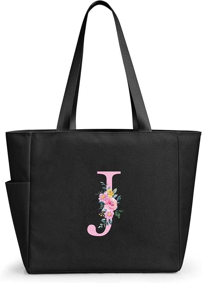 KALIDI Personalized Beach Tote Bag, Initial Alphabet Gift Zipper Grocery Bag for Mom Teacher Friend Wedding Daily Shopping