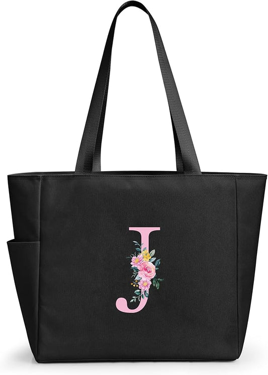 KALIDI Personalized Beach Tote Bag, Initial Alphabet Gift Zipper Grocery Bag for Mom Teacher Friend Wedding Daily Shopping