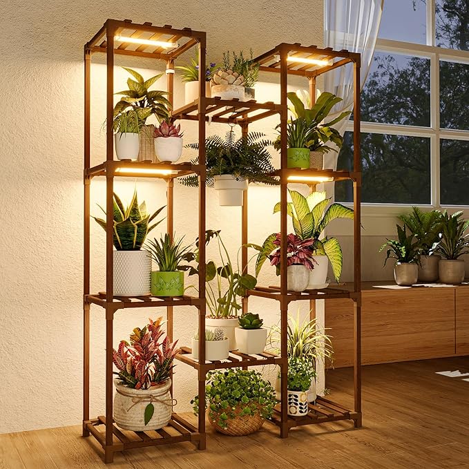 Bamworld Plant Stand with Grow Light Plant Shelf for Mutiple Pots Large Plant Holder for Living Room Patio Boho Home Decor...