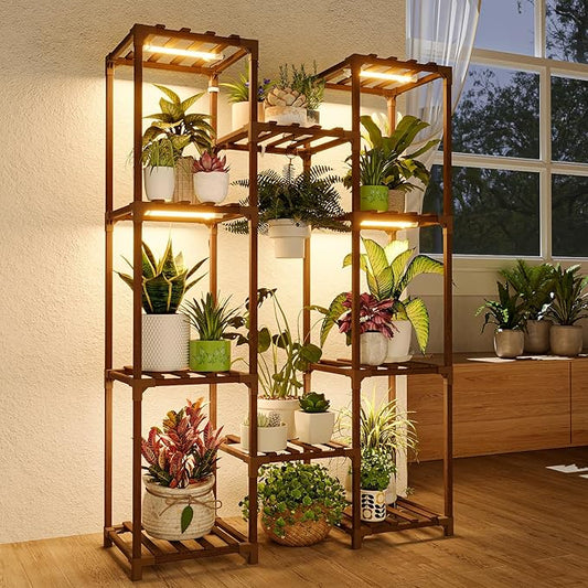 Bamworld Plant Stand with Grow Light Plant Shelf for Mutiple Pots Large Plant Holder for Living Room Patio Boho Home Decor...