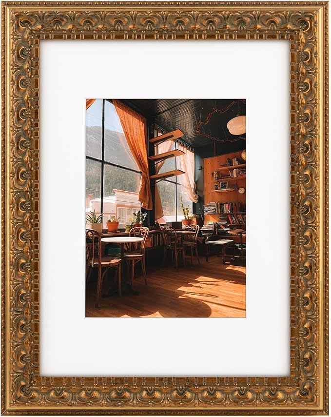 Golden State Art, 9X12 Ornate Finish Photo Frame with White Mat for 6X8 Picture & Real Glass, Color: Bronze