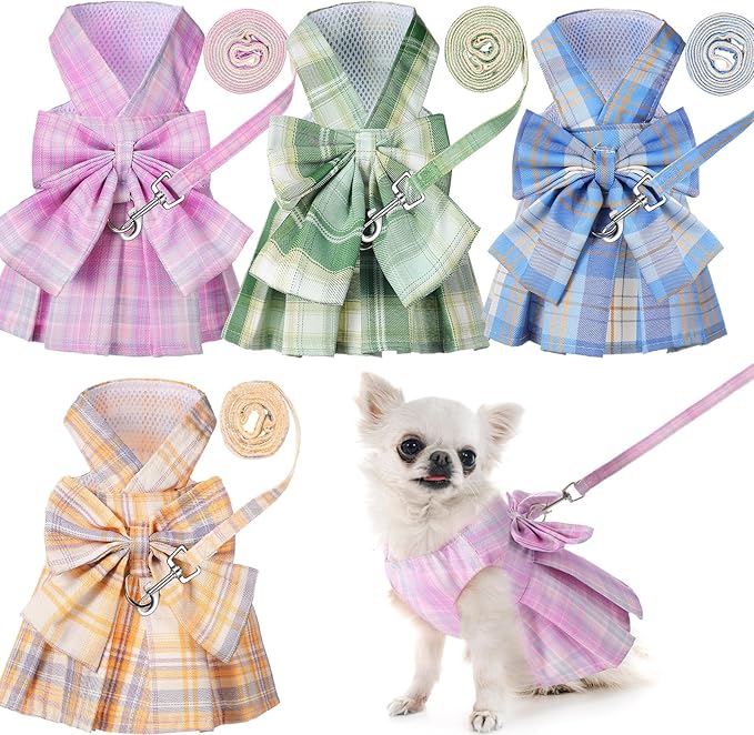Potchen 4 Pcs Cute Plaid Dog Dress Set with Bow Tie Harness & Leash for Small Dogs, Puppy Clothes for Girls Outfits(S,Ligh...