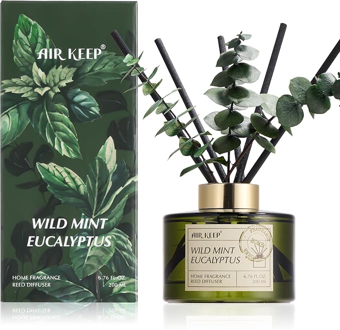 Airkeep Reed Diffuser Set with 6.76 fl oz Wild Mint & Eucalyptus Scent Essential Oils and 3 Leaves & 8 Diffuser Sticks,Bat...