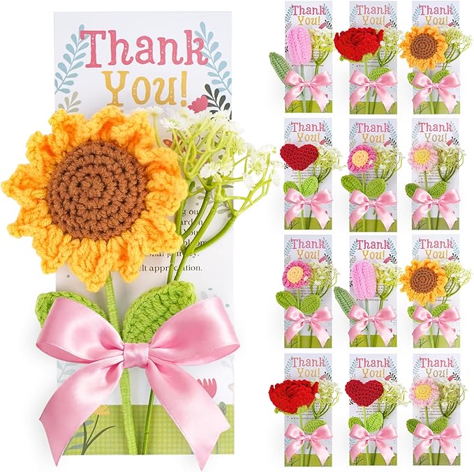ONEHAUS Teacher Appreciation Gifts 12 Set, 36 Pcs Thank You Teachers Gifts in Bulk, Crochet Artificial Flowers with Teache...