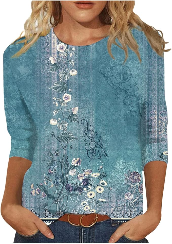 BTCOW Womens Summer Fashion Tops 3/4 Sleeve Round Neck Shirts Casual Print Trendy Three Quarter Length T Shirt