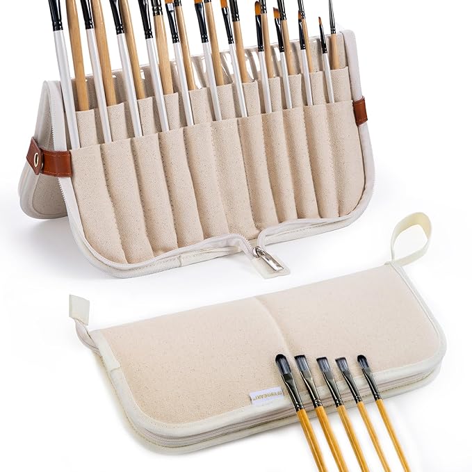 Stand Up Canvas Paint Brush Holder Case for Artists, 22 Slots Brush Organizer with Pop-Up Stand, Zippered Travel Paint Bru...