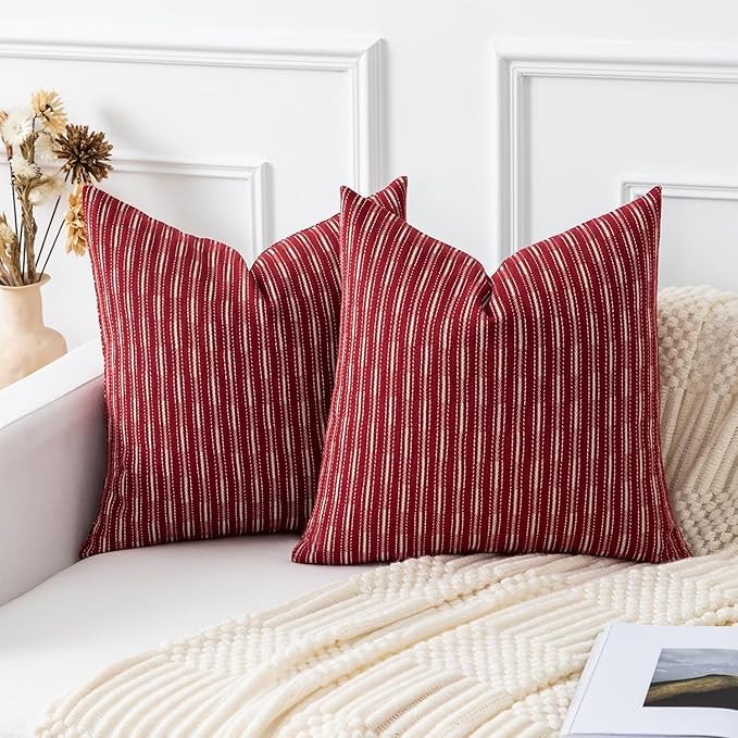 Kevin Textile Valentines Farmhouse Decorative Throw Pillow Covers Boho Woven Texture Burlap Linen Cushion Cover Striped Pi...