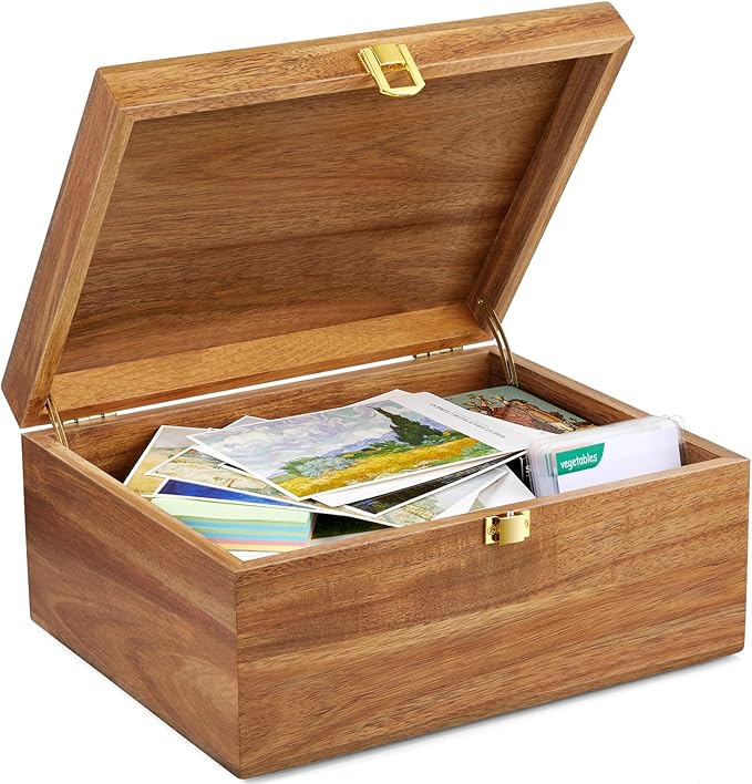 DRASTAR Wooden Keepsake Box, Large Acacia Storage Box with a Hinged Lid, Memory treasure box for Crafts and Photo Storage