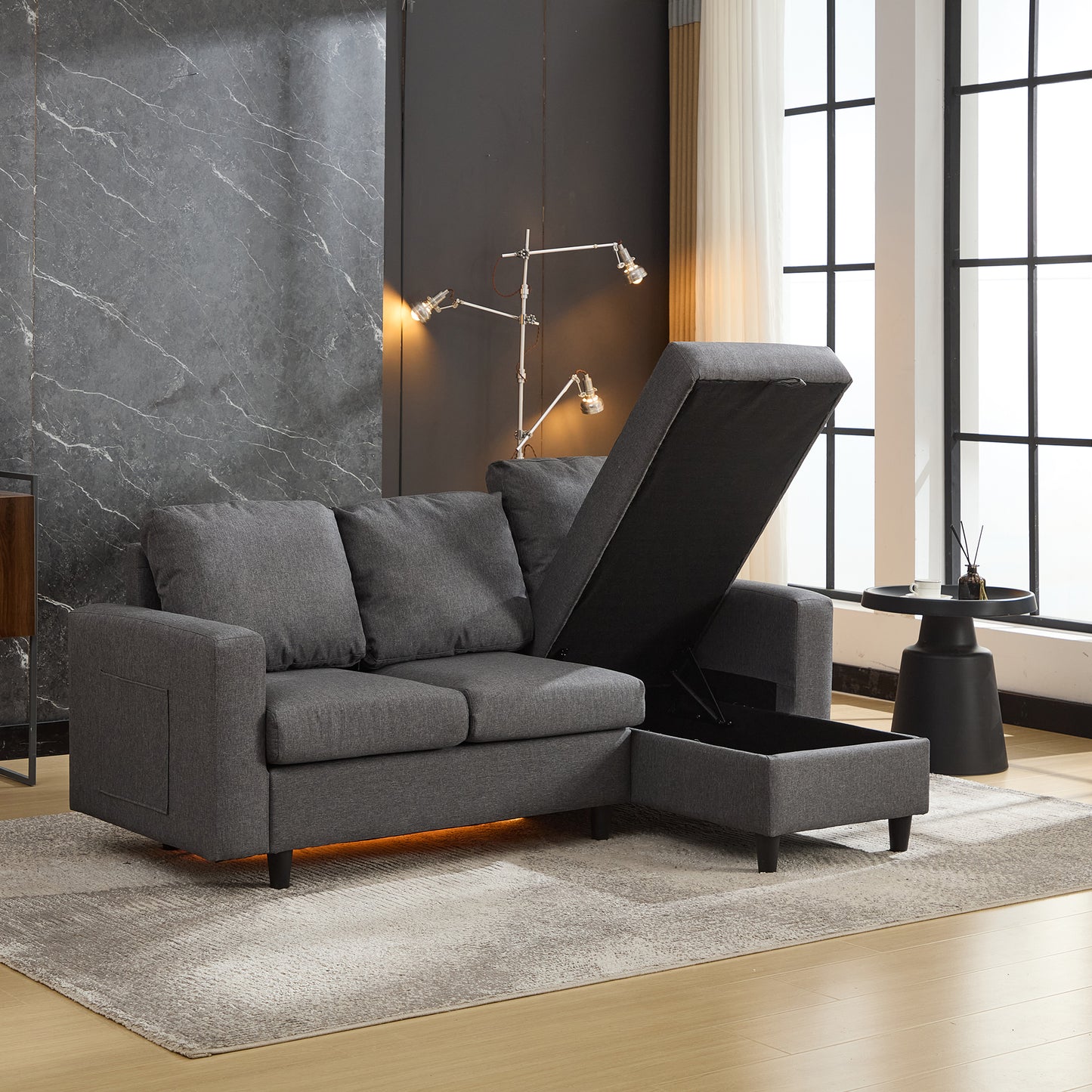 L-Shaped Couch Sofa With Storage, 3 Seater Corner Sofa With USB, LED Lights, Sofa Couches With Side Pockets For Apartment Living Room, Office, Grey, 180x120x72cm