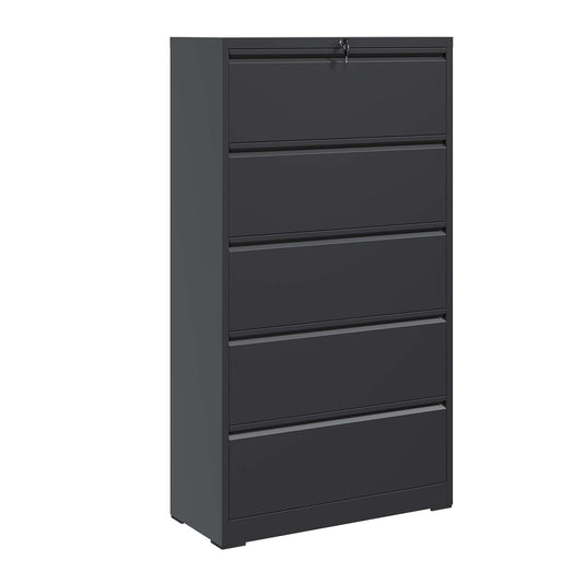 5 Drawer Metal Lateral File Cabinet , Black Filing Cabinet With Lock, Lockable File Cabinet For Home Office, Locking Metal File Cabinet For Legal Letter A4 F4 Size