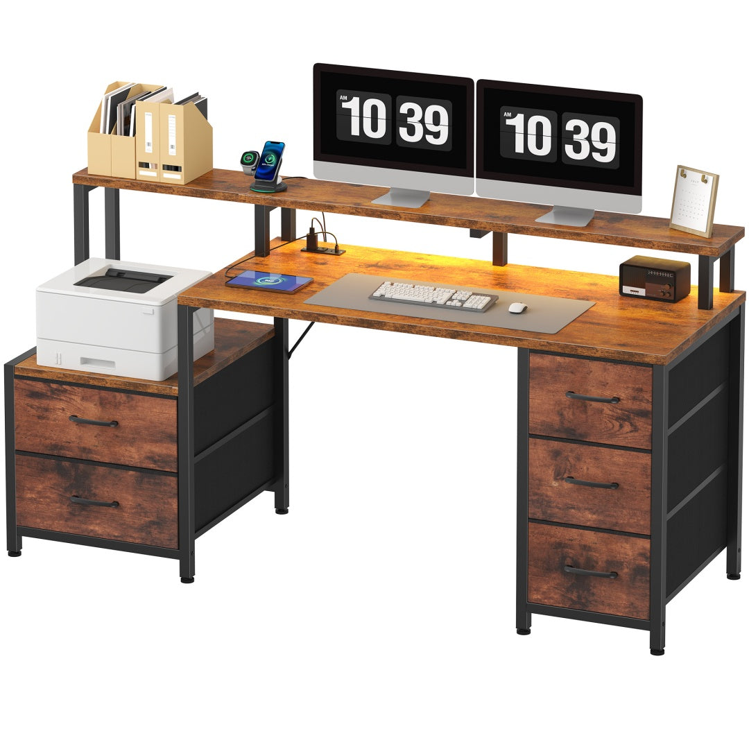 67-inch Computer Desk, Equipped With 5 Drawers And A Monitor Stand. The Gaming Table Comes With LED Lights And Power Sockets. The Printer Cabinet.